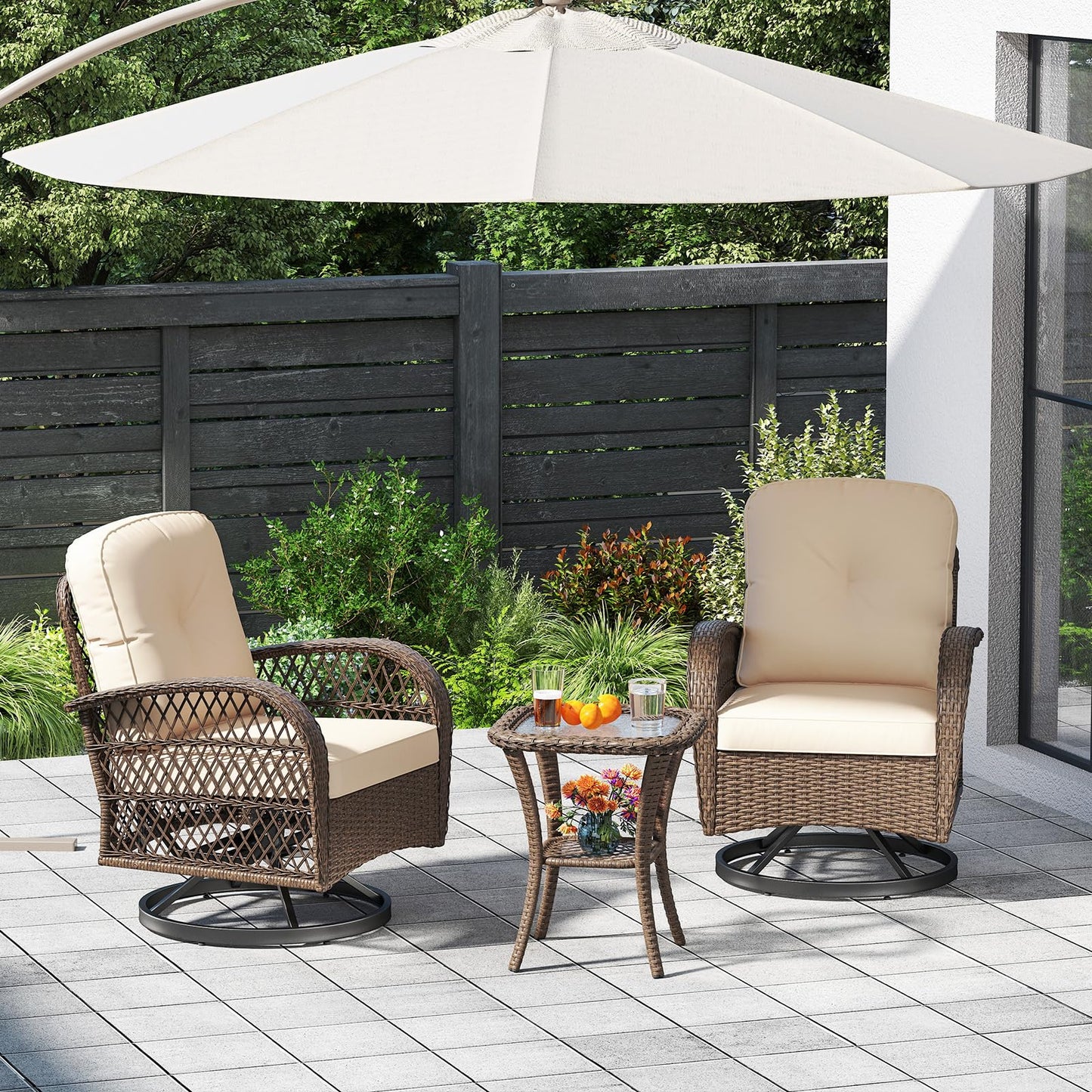 Tangkula 3 Piece Patio Swivel Rocker Set 2 Outdoor Wicker Rocking Chairs