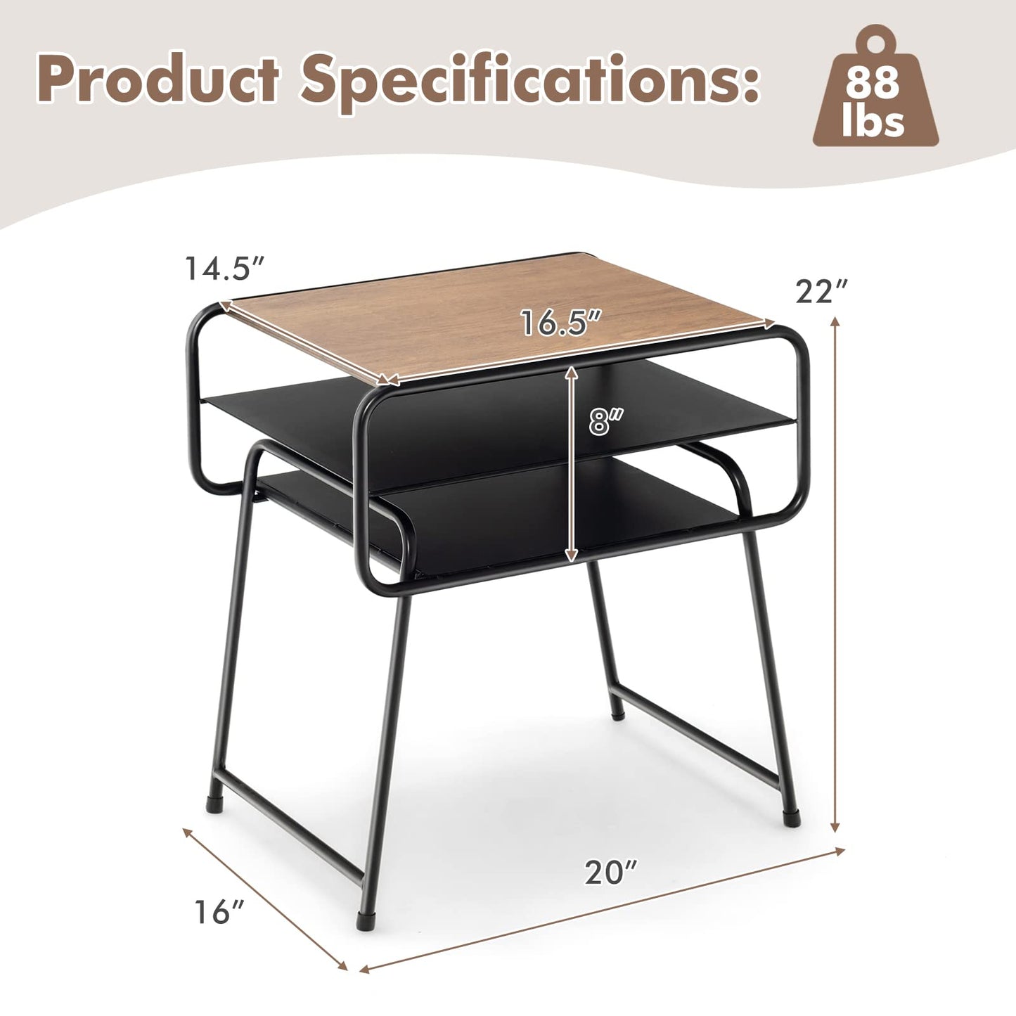 Tangkula Table d'appoint à 3 niveaux avec étagère de rangement