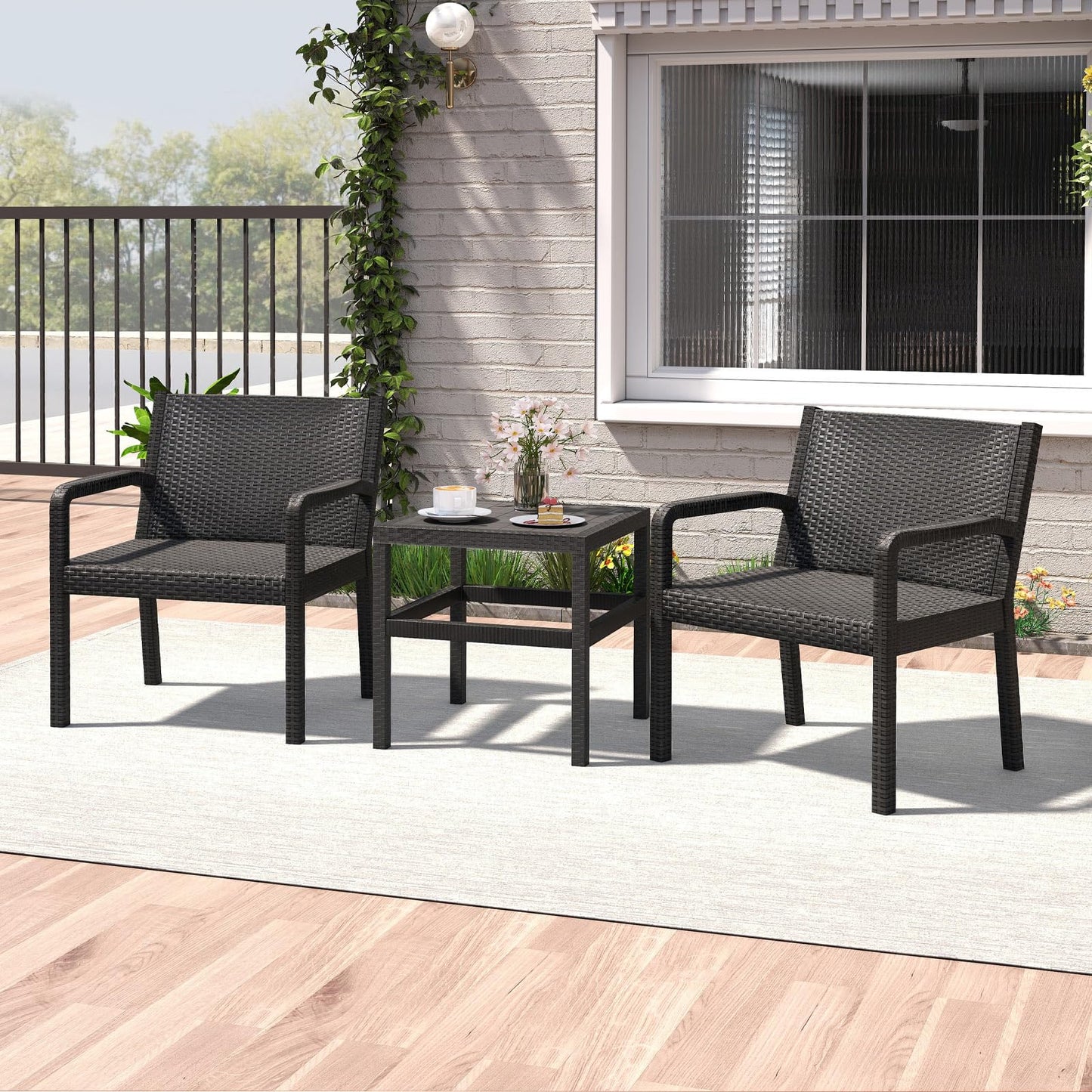 Tangkula 3 Piece Patio Furniture Set with 2 Modern Rattan Armchair and 25 Inch Squire Side Table