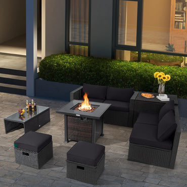 Tangkula 9 Pieces Patio Furniture Set with 32” Fire Pit Table, 50,000 BTU Square Propane Fire Pit