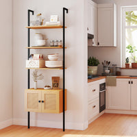Tangkula Wall-Mounted Ladder Shelf Boho 5-Tier Bookshelf(1/2)