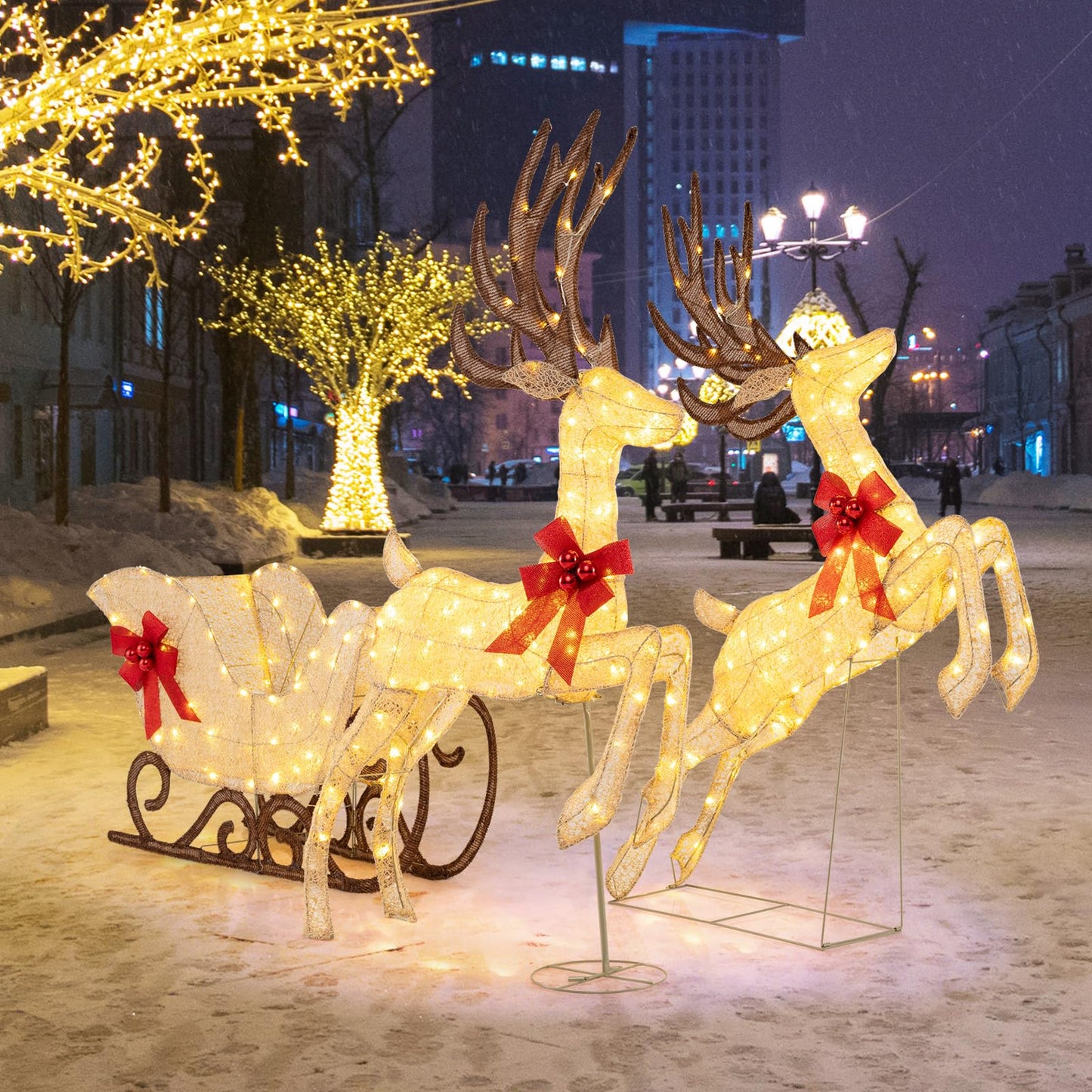 Ensemble de 3 rennes et traîneaux de Noël lumineux Tangkula