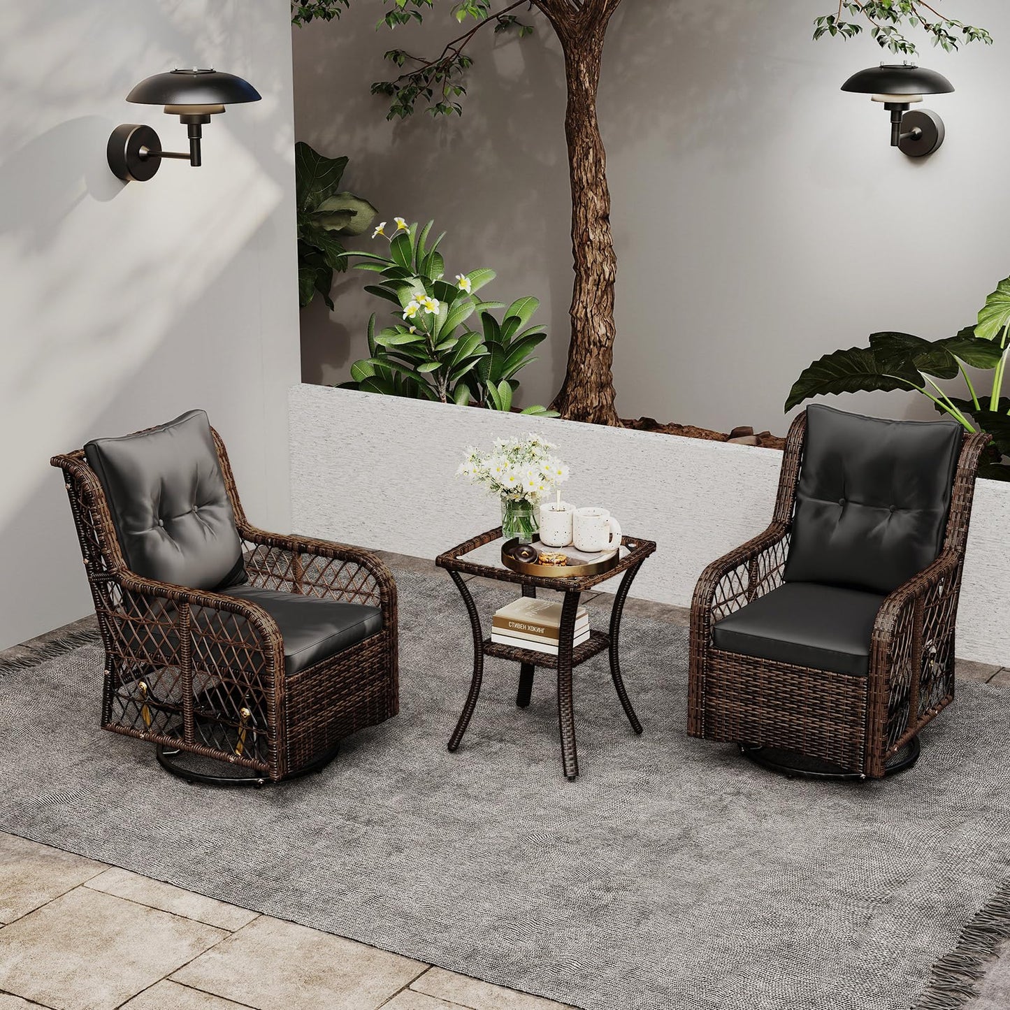 Tangkula 3 Piece Patio Swivel Rocker Set with Tempered Glass Side Table