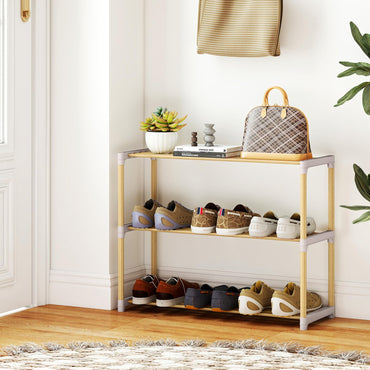 Tangkula 3 Tier Solid Wood Shoe Rack | Wooden Space-Saving Storage Organizer for Entryway