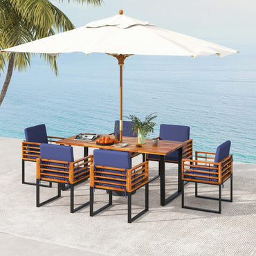 Tangkula 7 Piece Patio Dining Set Acacia Wood Dining Chair & Table Set