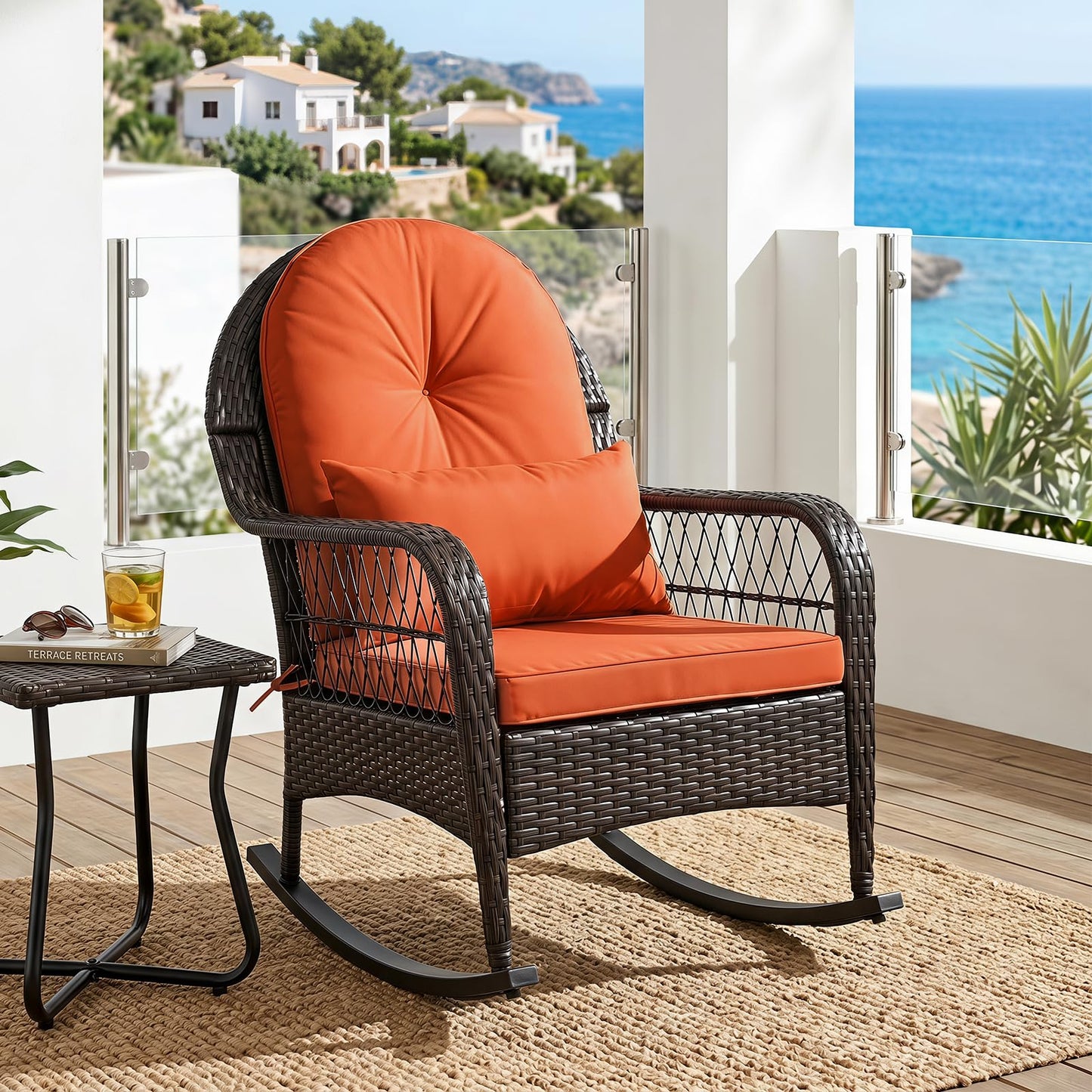 Tangkula Outdoor Wicker Rocking Chair w/Soft Cushions