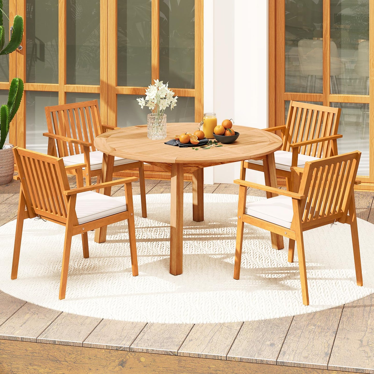 Tangkula 5 Pieces Wood Round Patio Dining Set with Umbrella Hole and Soft Cushion