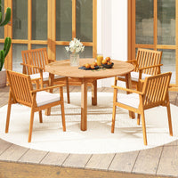 Tangkula 5 Pieces Wood Round Patio Dining Set with Umbrella Hole and Soft Cushion