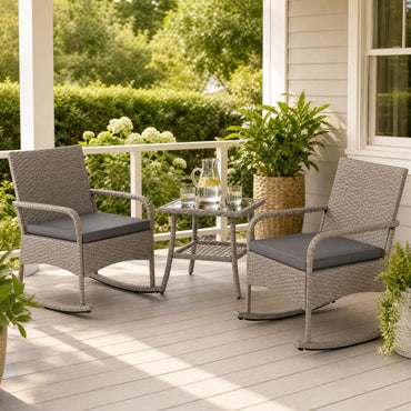 Tangkula 3-Piece Outdoor Wicker Rocking Bistro Set with 2-Tier Coffee Table