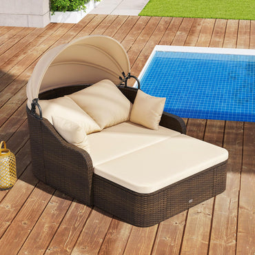 Tangkula Patio PE Rattan Daybed with Retractable Canopy