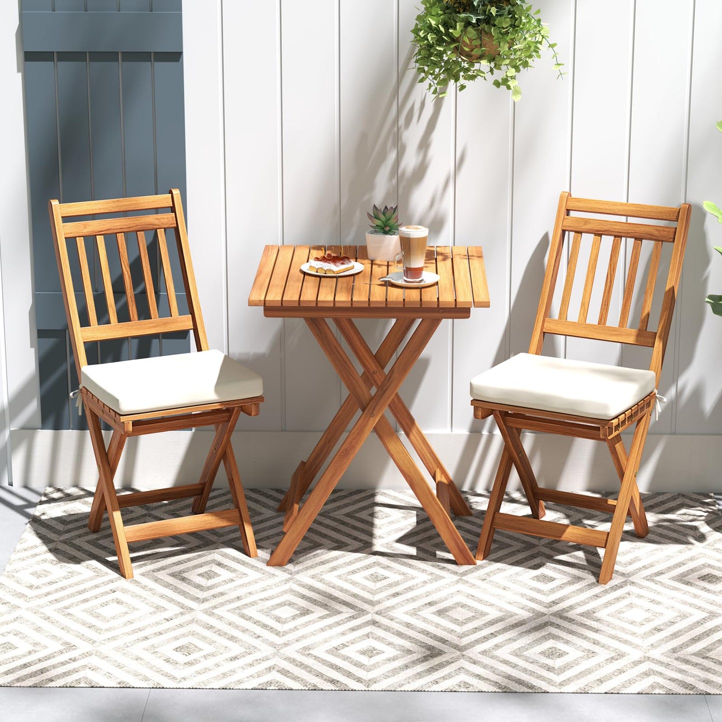 Tangkula Acacia Wood Patio Bistro Set of 3 for Backyard
