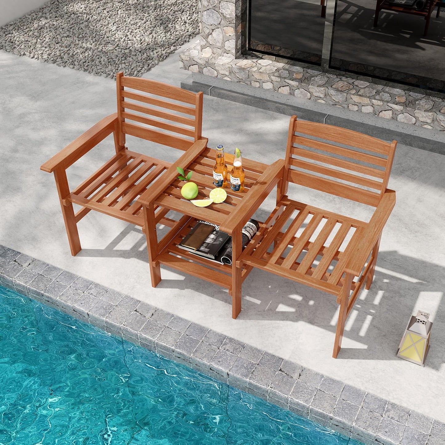 Tangkula Outdoor Patio Loveseat with Table, Wood 2-Seat Conversation Set with Coffee Table and Umbrella Hole