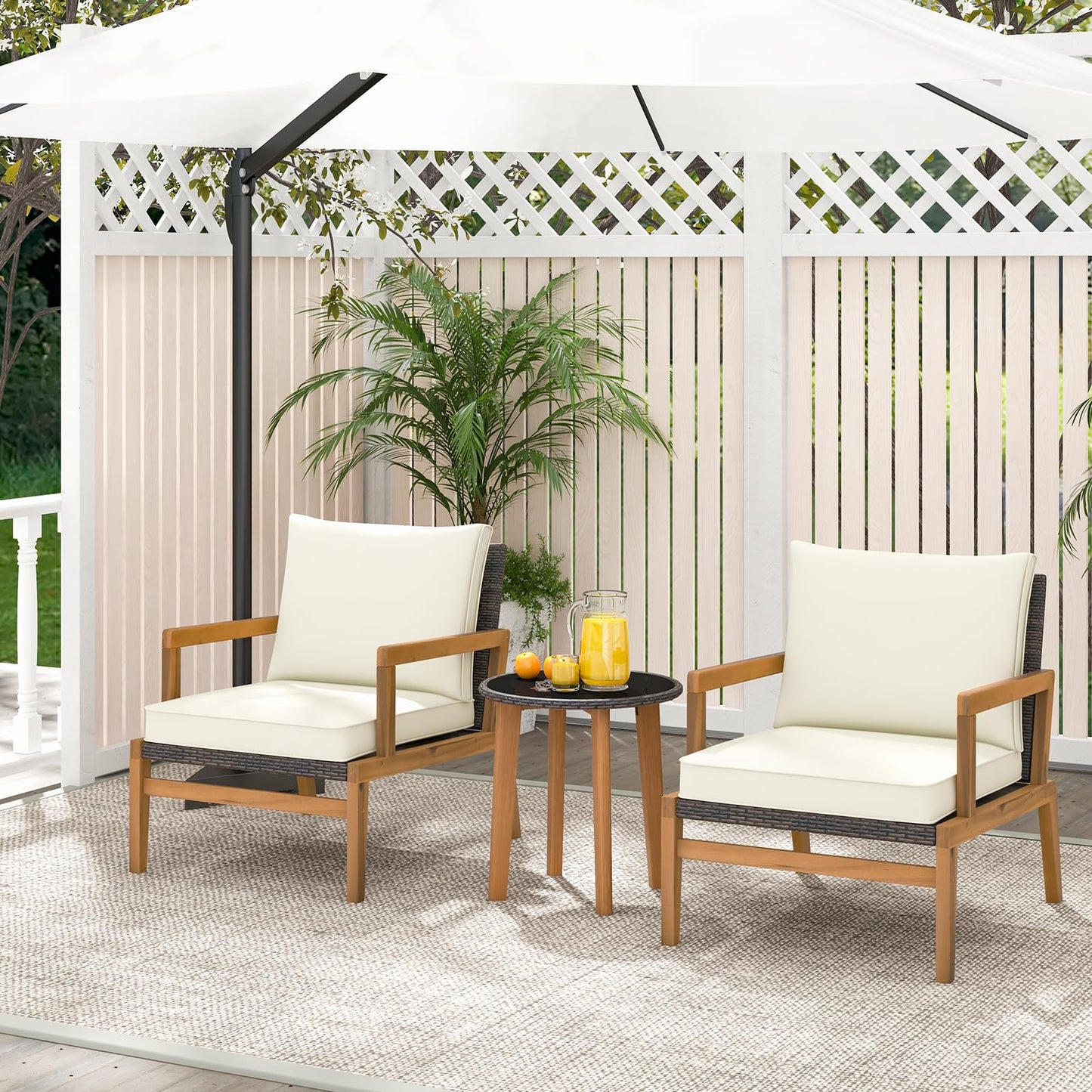 Tangkula 3 Piece Patio Chair Set, Wicker Chair & Side Table Set with Soft Cushions & Tempered Glass Tabletop