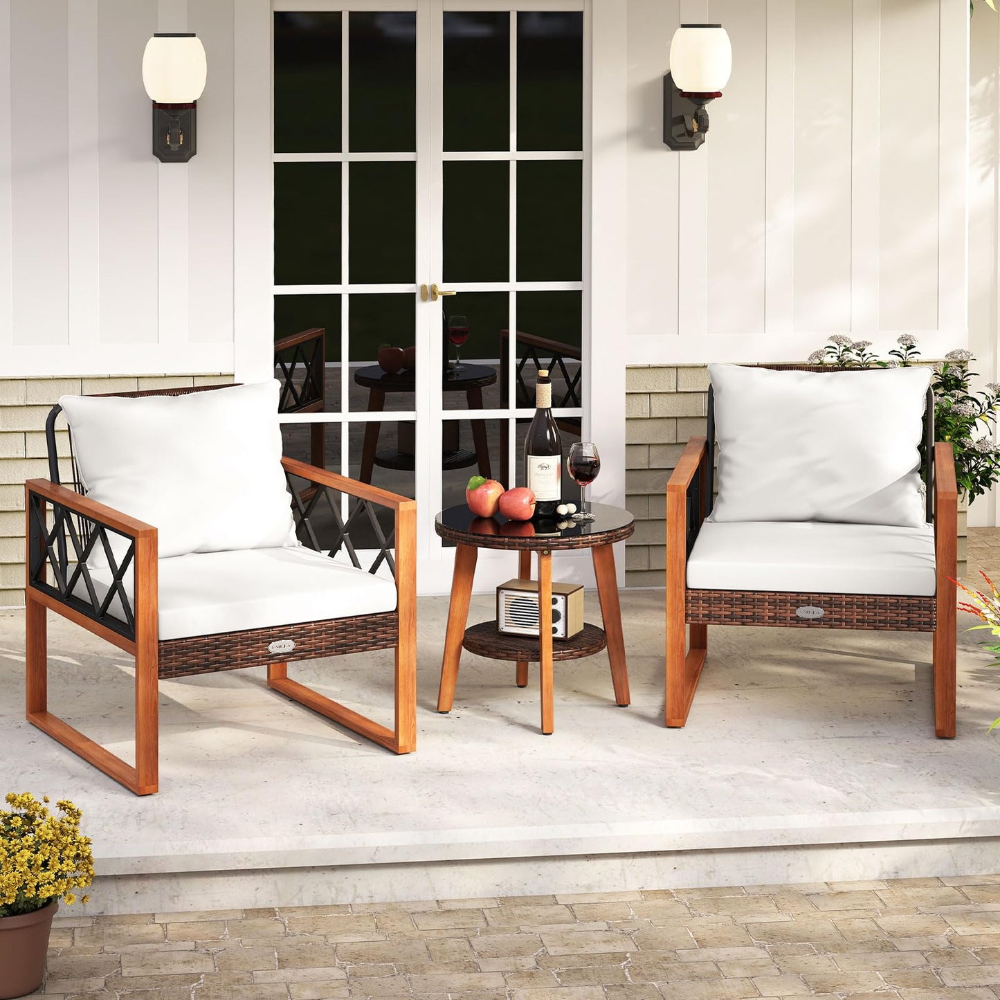Ensemble de meubles de patio en osier Tangkula 3 pièces avec cadre en bois d'acacia