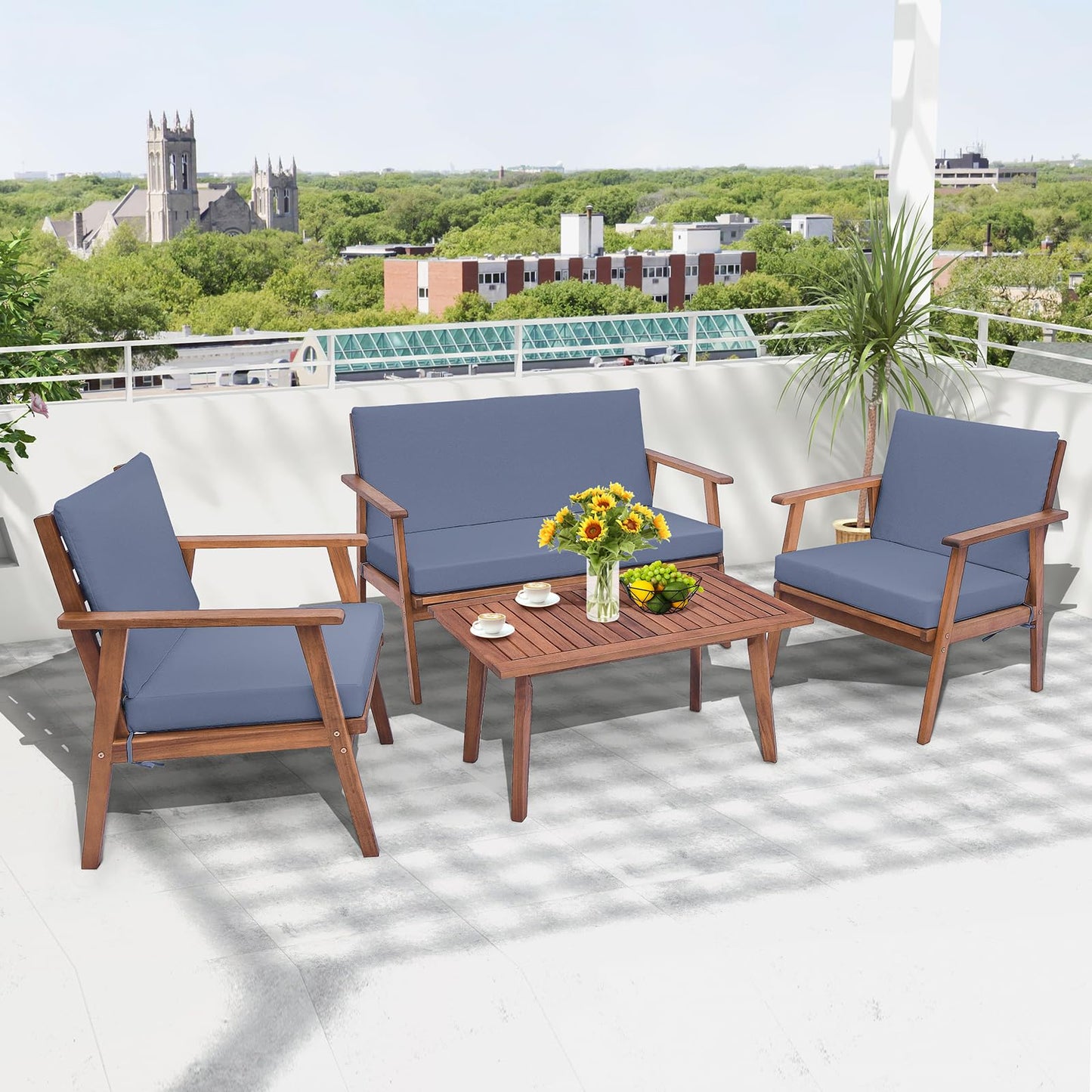 Tangkula 4 Piece Outdoor Conversation Set, Acacia Wood Sofa Set with Soft Seat & Back Cushions
