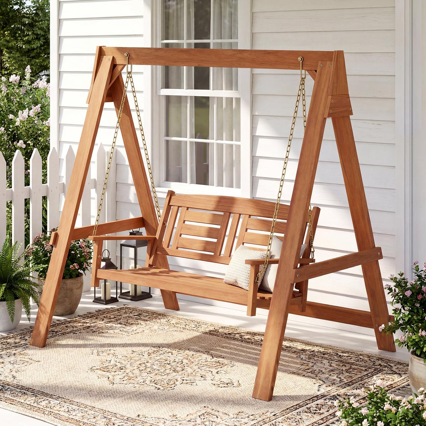 Tangkula 2-Seater Wood Porch Swing with Stand