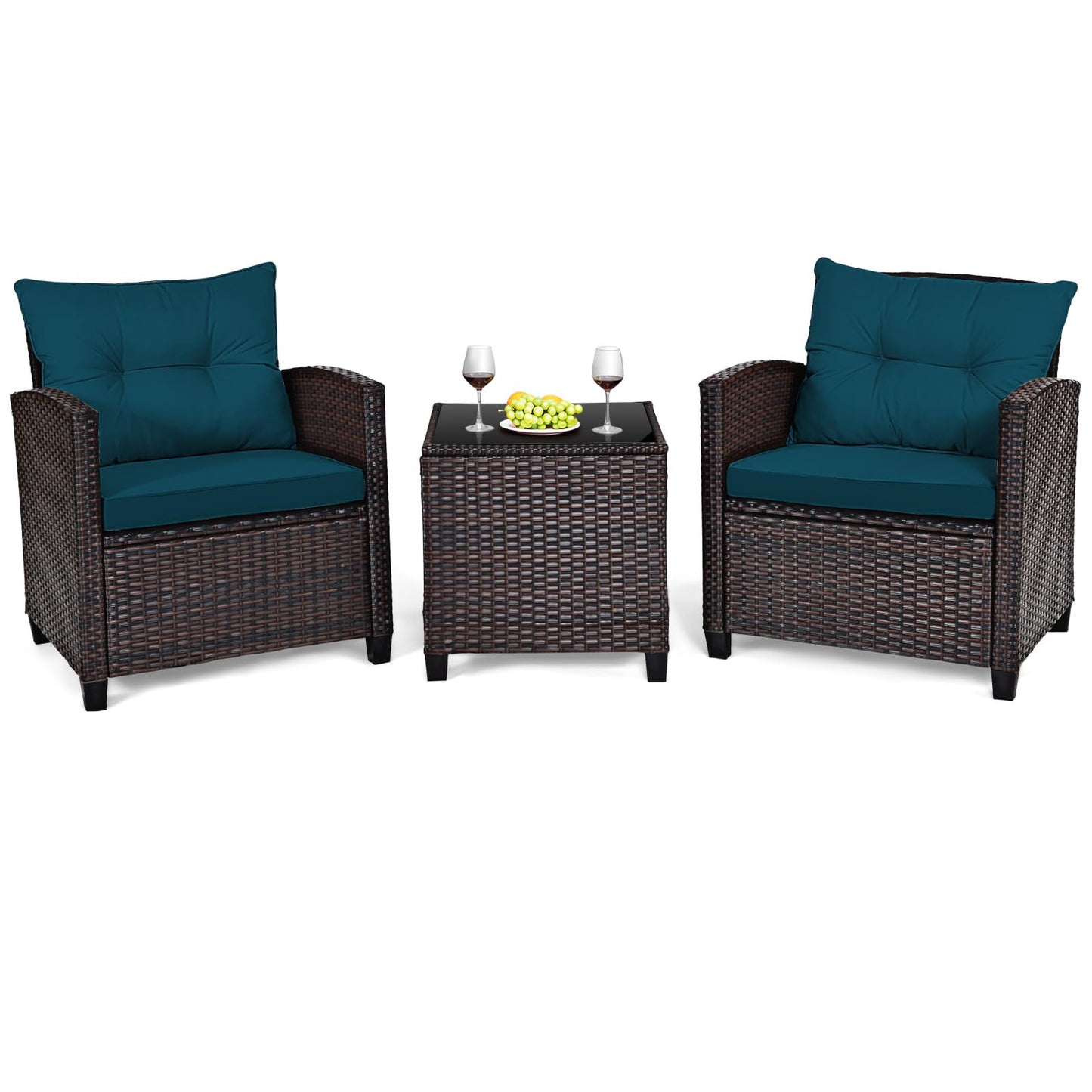 Tangkula 3 Pieces Patio PE Wicker Furniture Set with 4 Bonus Cushion Covers