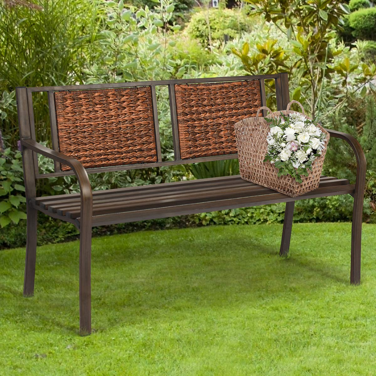 Patio Garden Bench with Wicker Backrest