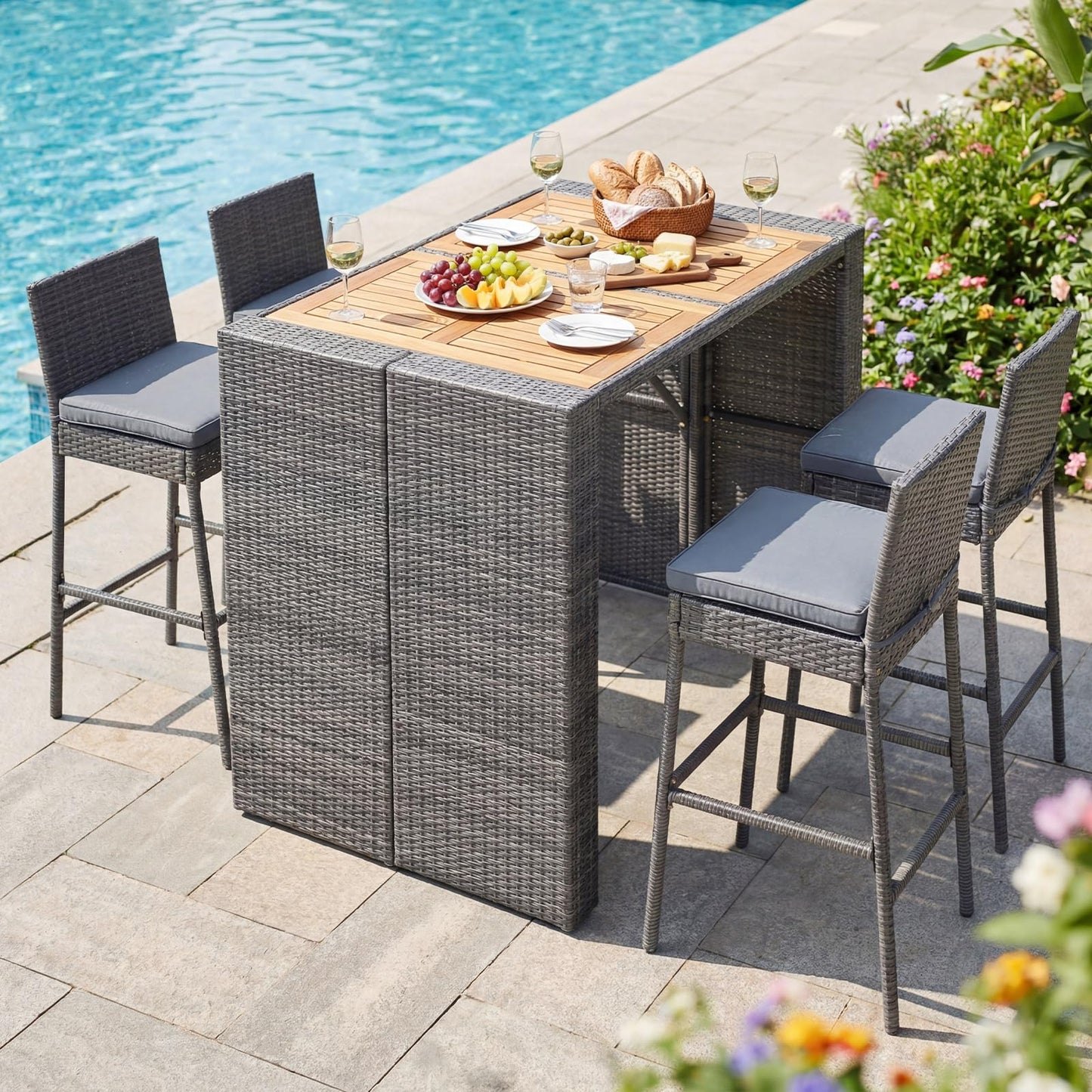Tangkula 5 Piece Wicker Outdoor Bar Set for Pool Backyard Deck