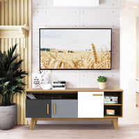 Tangkula Modern TV Stand, Wood TV Console Table for TVs up to 65 Inch, Entertainment Center with 3 Storage Cabinets (Natural)