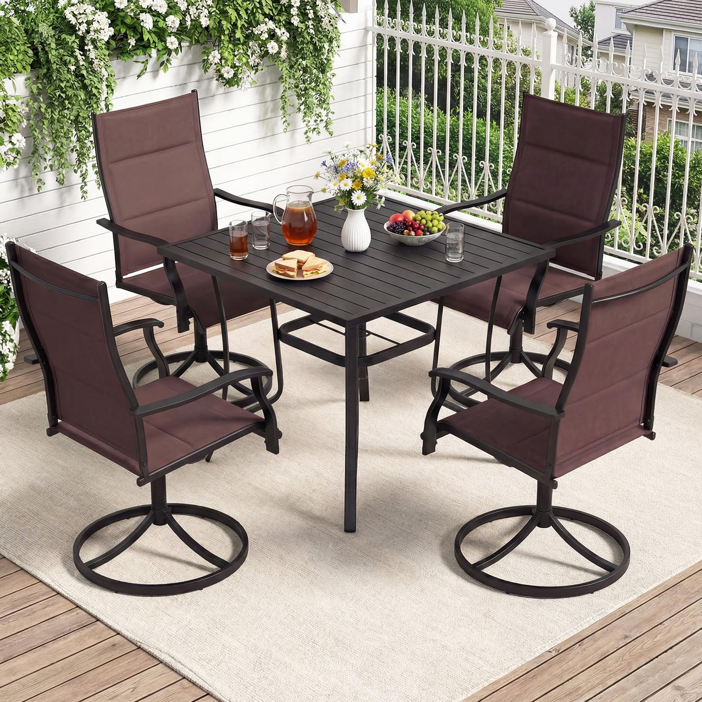 Tangkula 4 Swivel Chairs and 37" Square Patio Table with Umbrella Hole