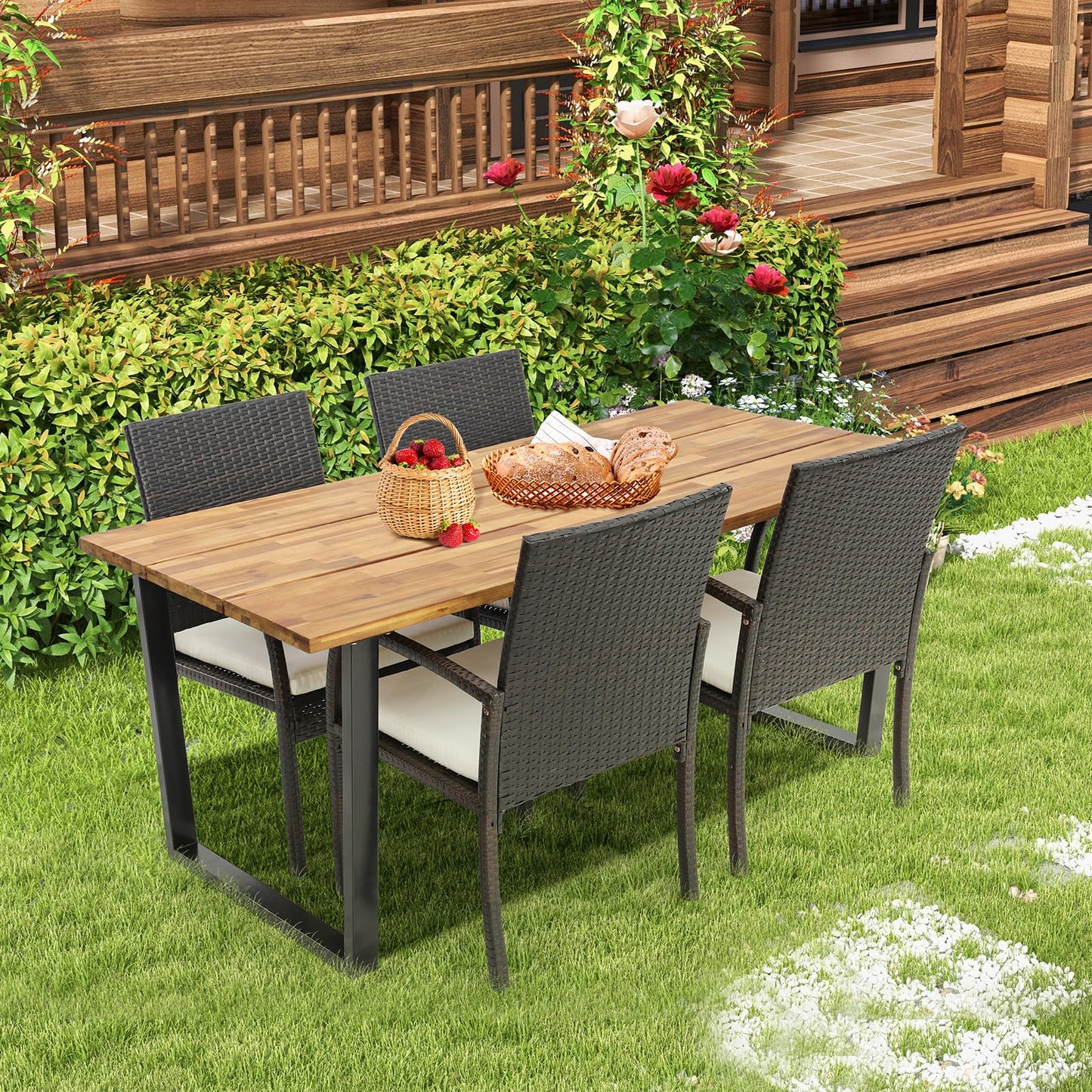 Ensemble repas de patio en rotin Tangkula, table en bois d'acacia avec trou pour parasol