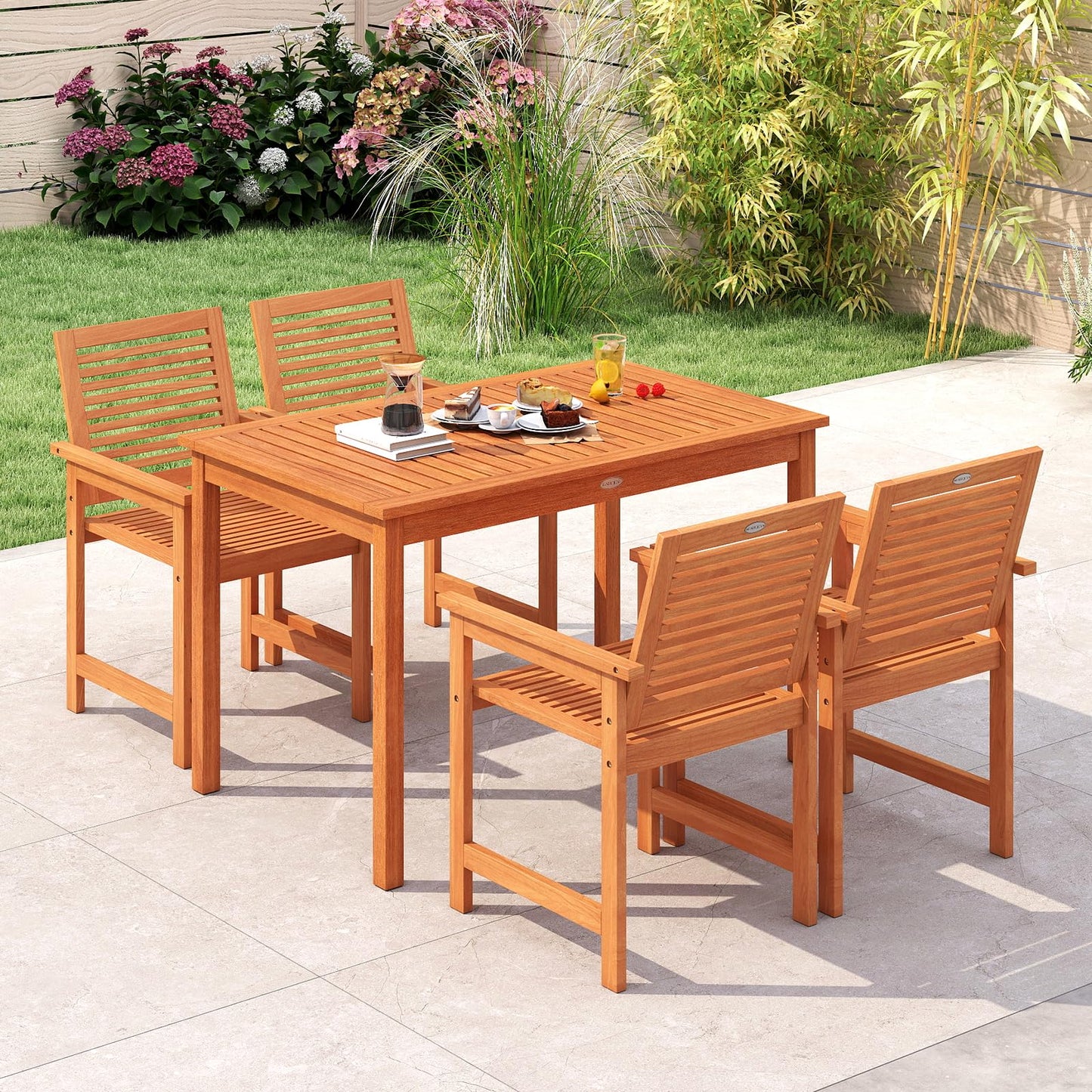 Tangkula 5 Pieces Patio Wood Dining Set for Deck Garden and Backyard