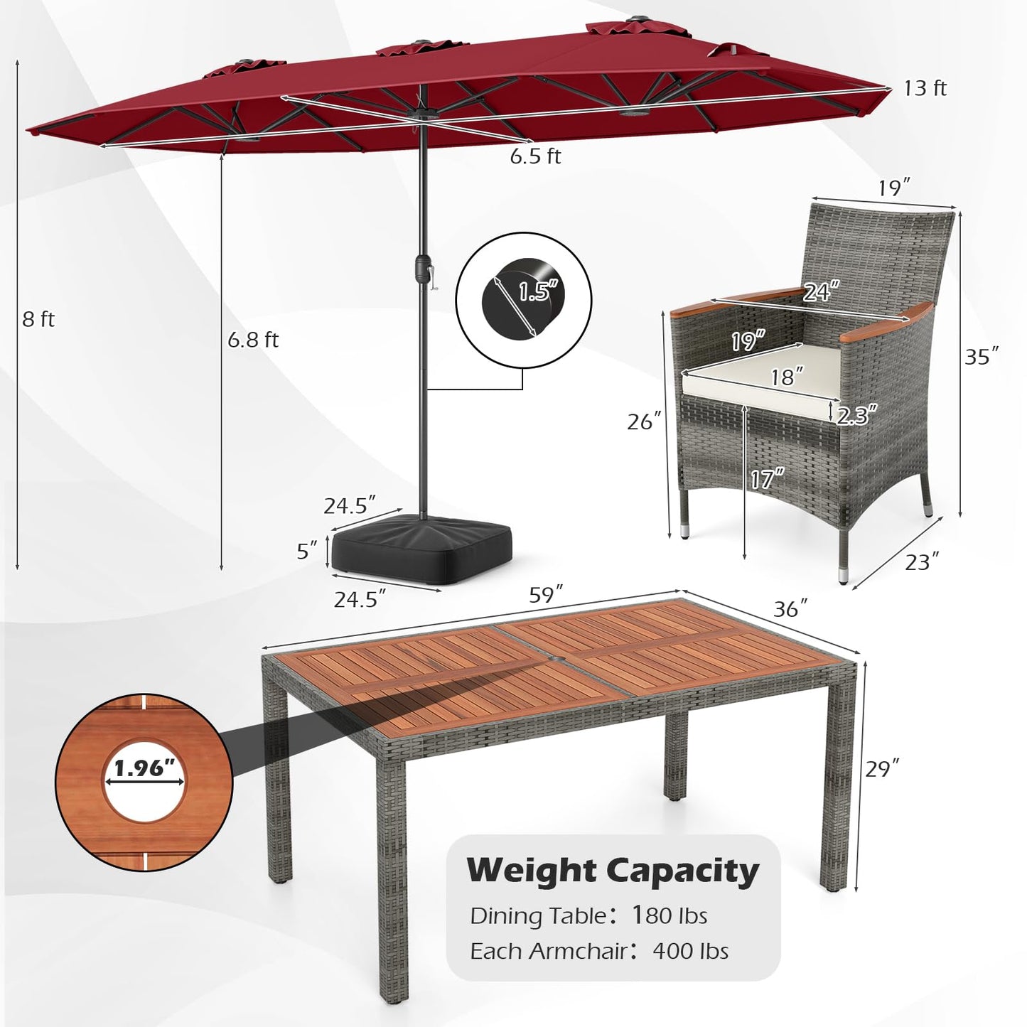 Tangkula 9 Piece Rattan Outdoor Dining Set with 13Ft Umbrella for 6