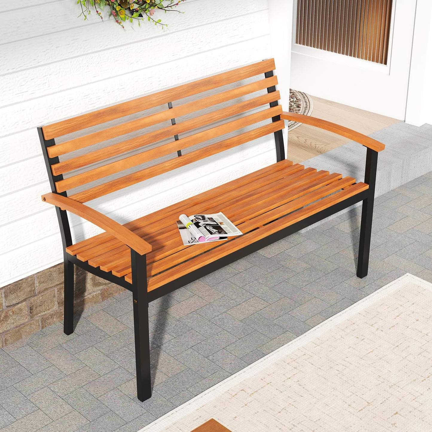 Banc d'extérieur Tangkula, causeuse de patio en bois d'acacia avec dossier et accoudoirs