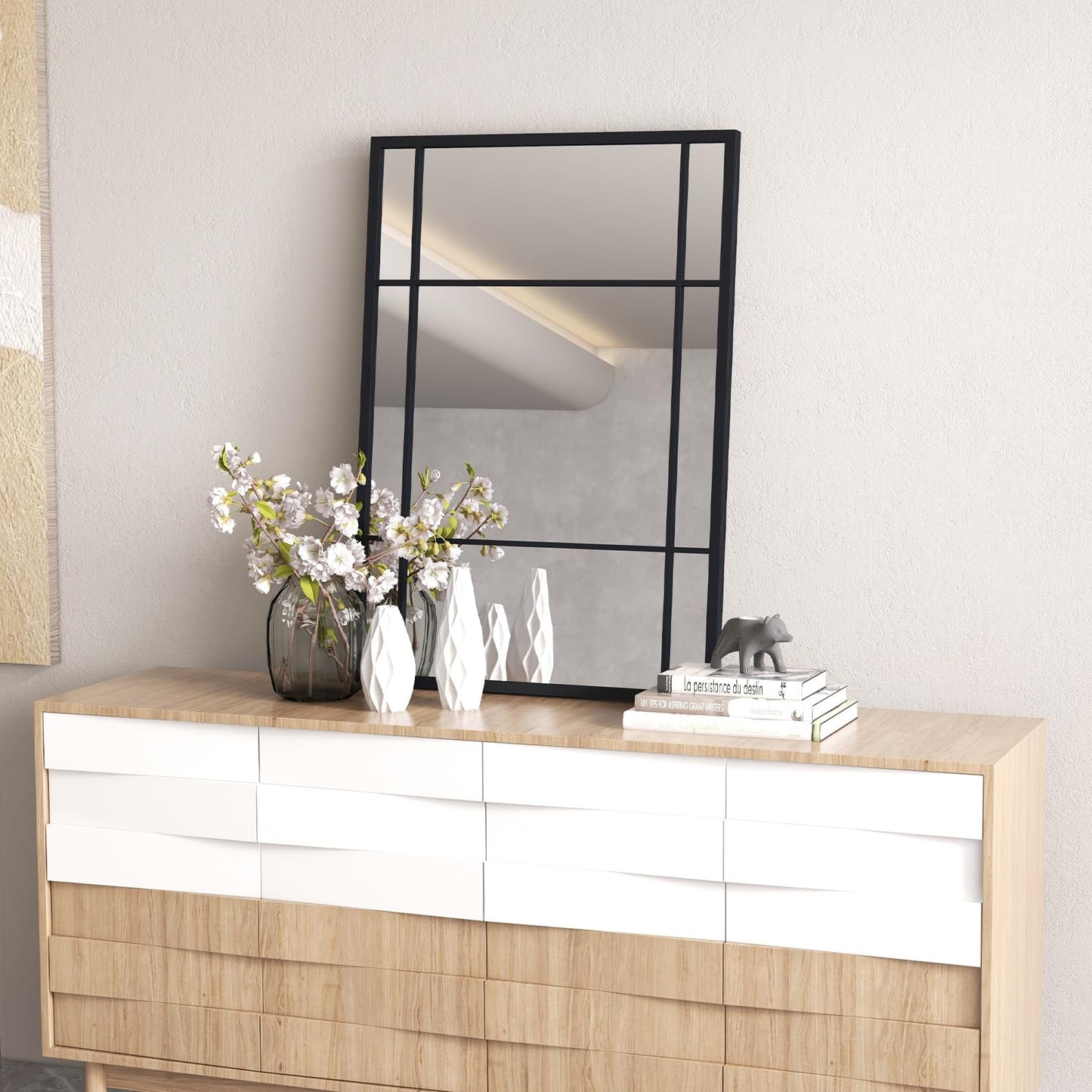Tangkula Miroir de fenêtre rectangulaire 28" x 40", miroir moderne à 3 couches avec cadre métallique
