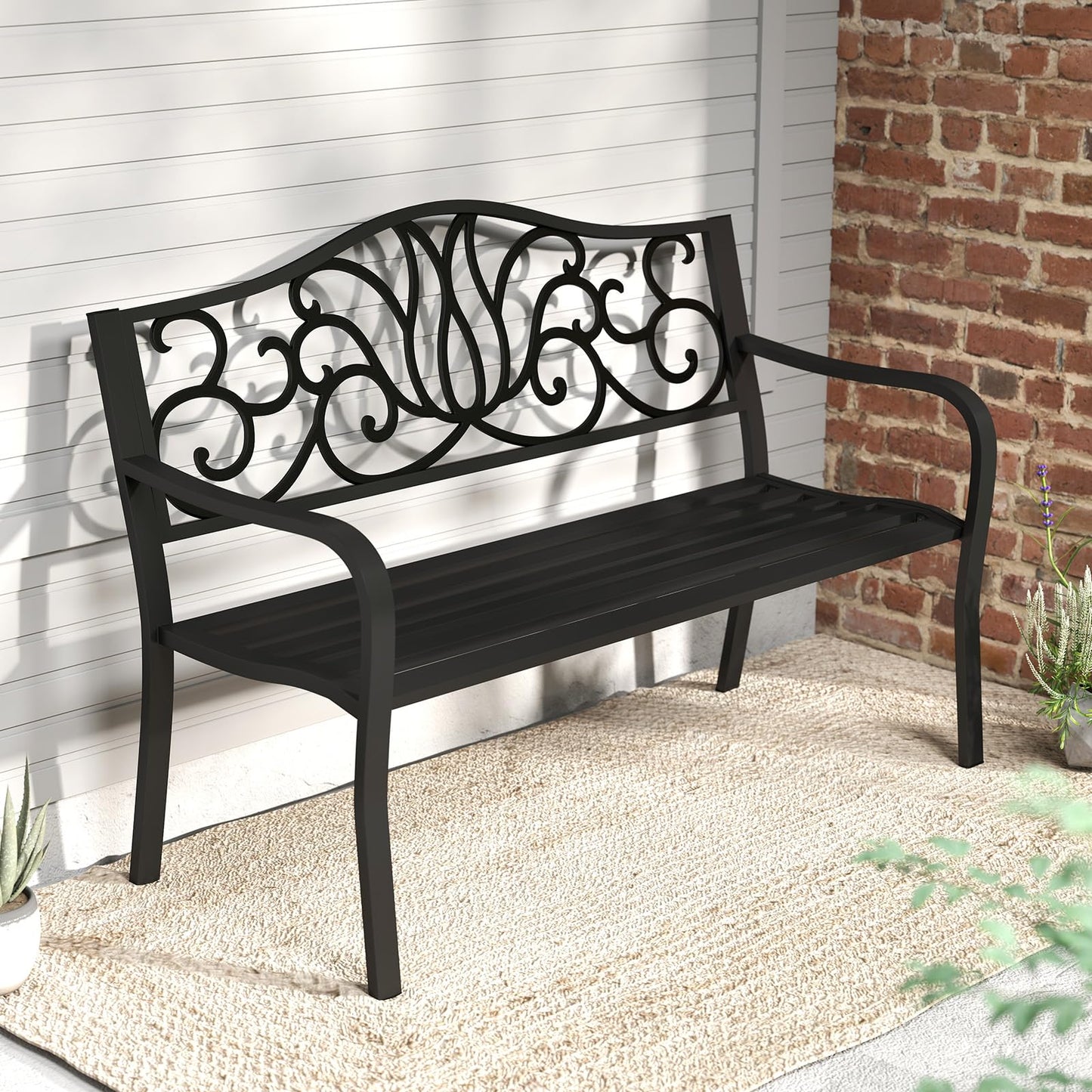 Tangkula 50 Inches Outdoor Garden Bench with Floral Design Backrest and Slatted Seat