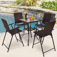 5 Pcs Patio Furniture Set Square Bar Glass Top Table and 4 Folding Chairs Wicker Outdoor