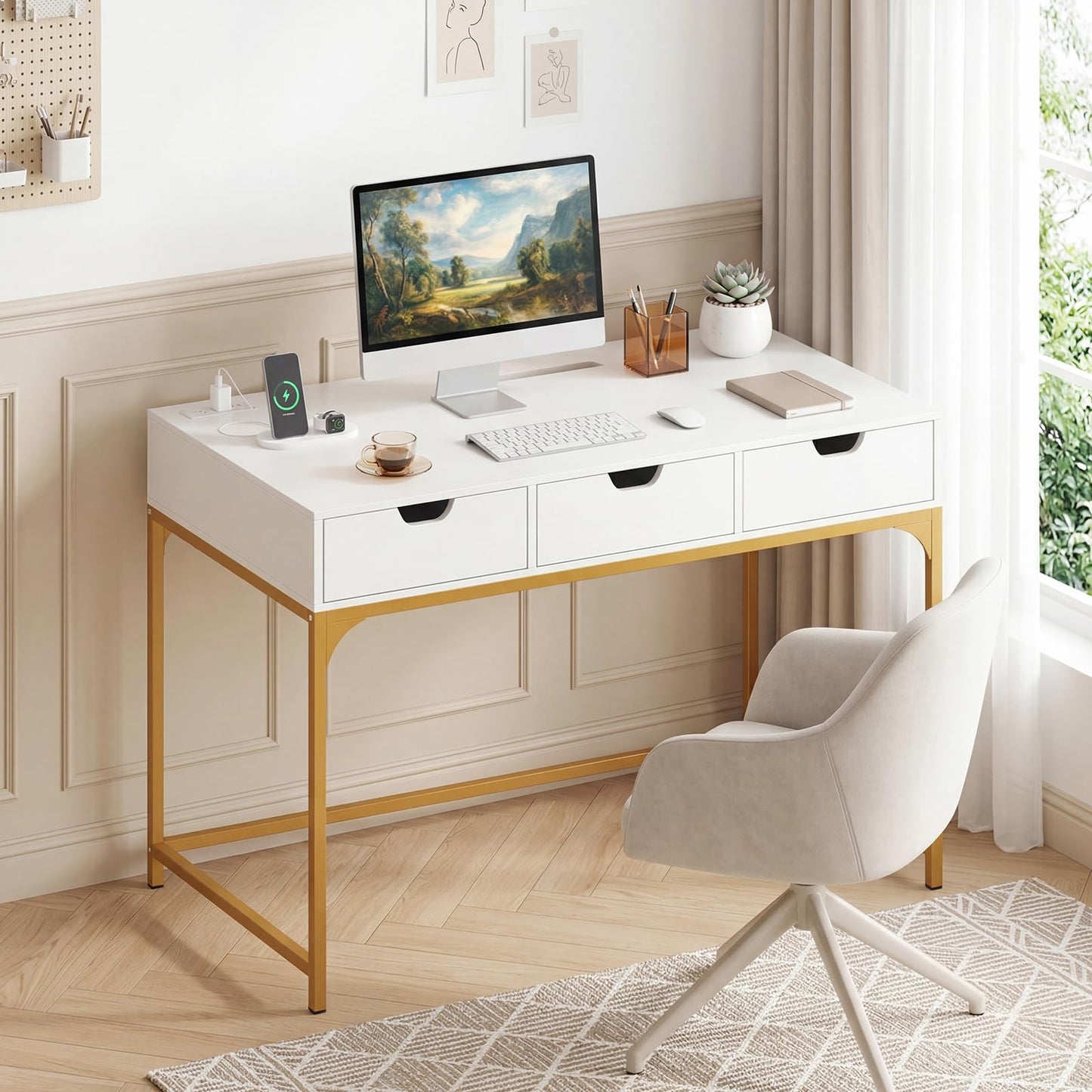 Tangkula Computer Desk with 3 Drawers & Power Outlets