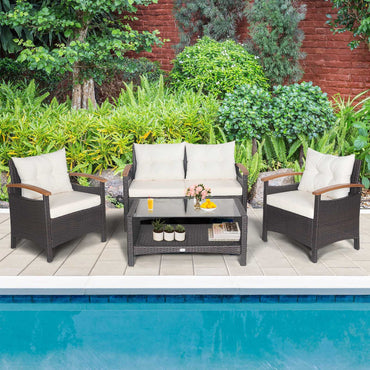4 Piece Patio Rattan Conversation Set, Outdoor Wicker Sofa Set W/2-Layer Coffee Table