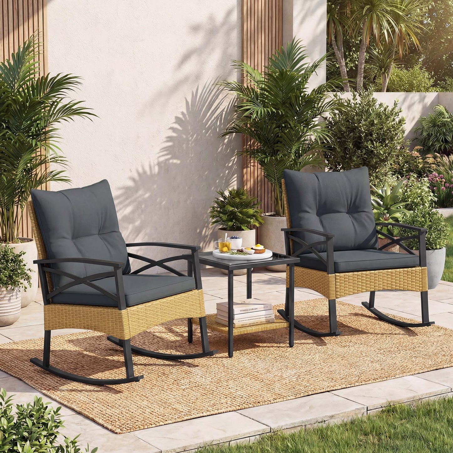 Tangkula Lot de 3 fauteuils à bascule robustes en rotin avec coussins