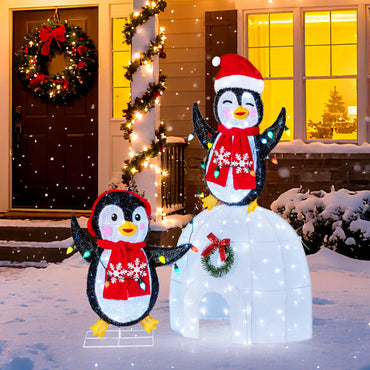 Tangkula Lighted Christmas Penguins & Igloo Decorations