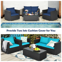 Patio Rattan Conversation Furniture Set, Outdoor Wicker Sofa Set with Padded Cushion & Tempered Glass Coffee Table