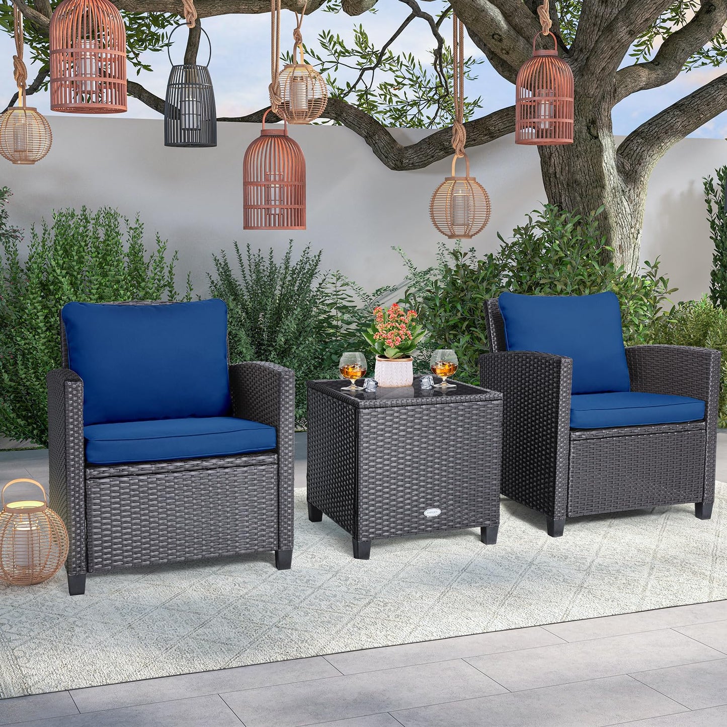 Tangkula 3 Pieces Patio PE Wicker Furniture Set with 4 Bonus Cushion Covers