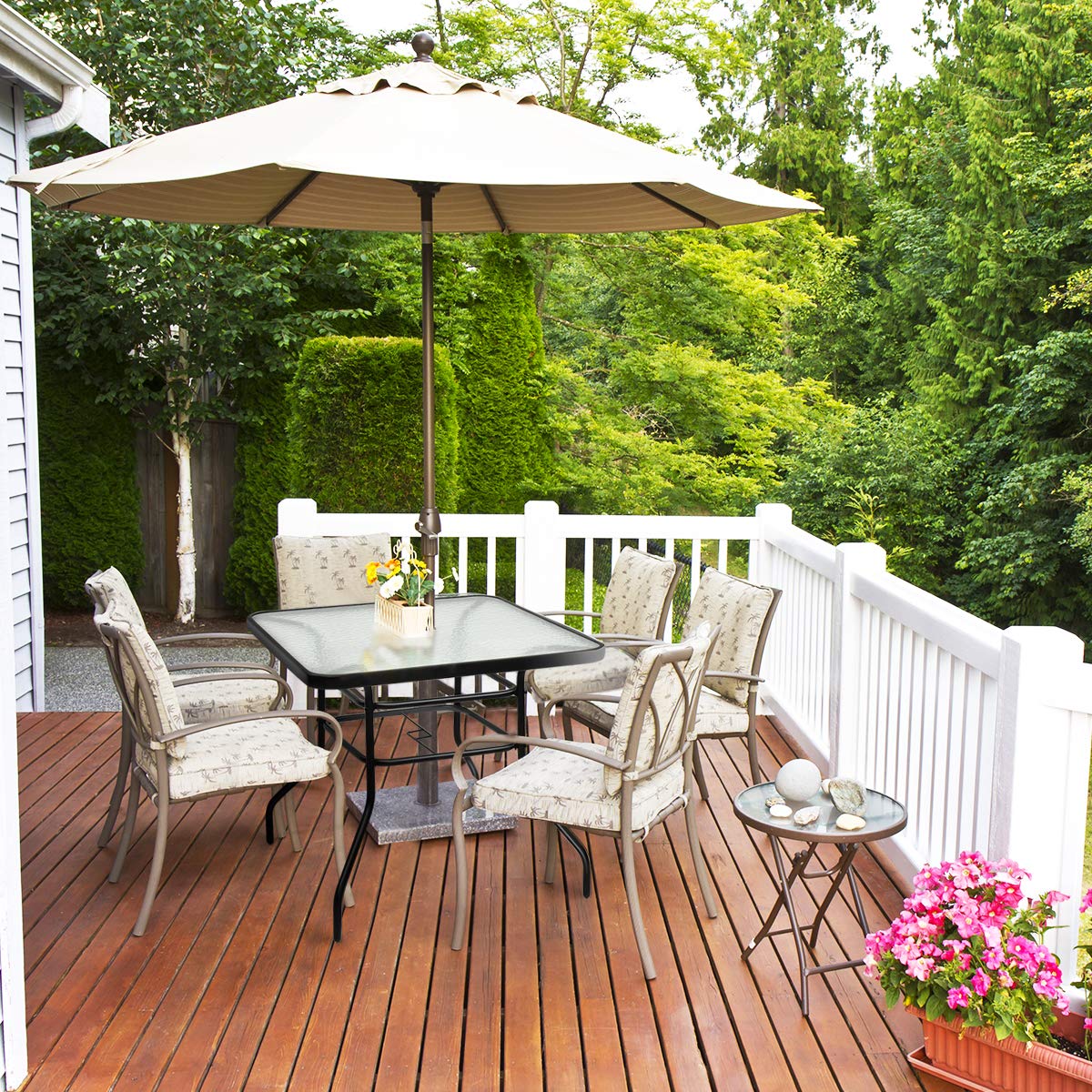 Outdoor Dining Table with 2 inches Umbrella Hole, 32 inches Tempered Glass Top Square Patio Table