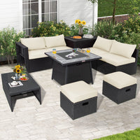 Tangkula 9 Pieces Outdoor PE Rattan Sectional Sofa with 35-Inch Gas Fire Pit Table