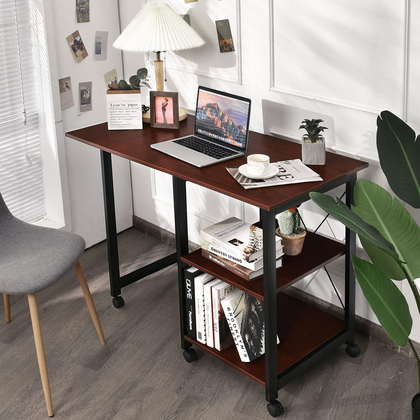 Tangkula Mobile Folding Computer Desk, Modern Writing Desk w/ 2-Tier Storage Shelves