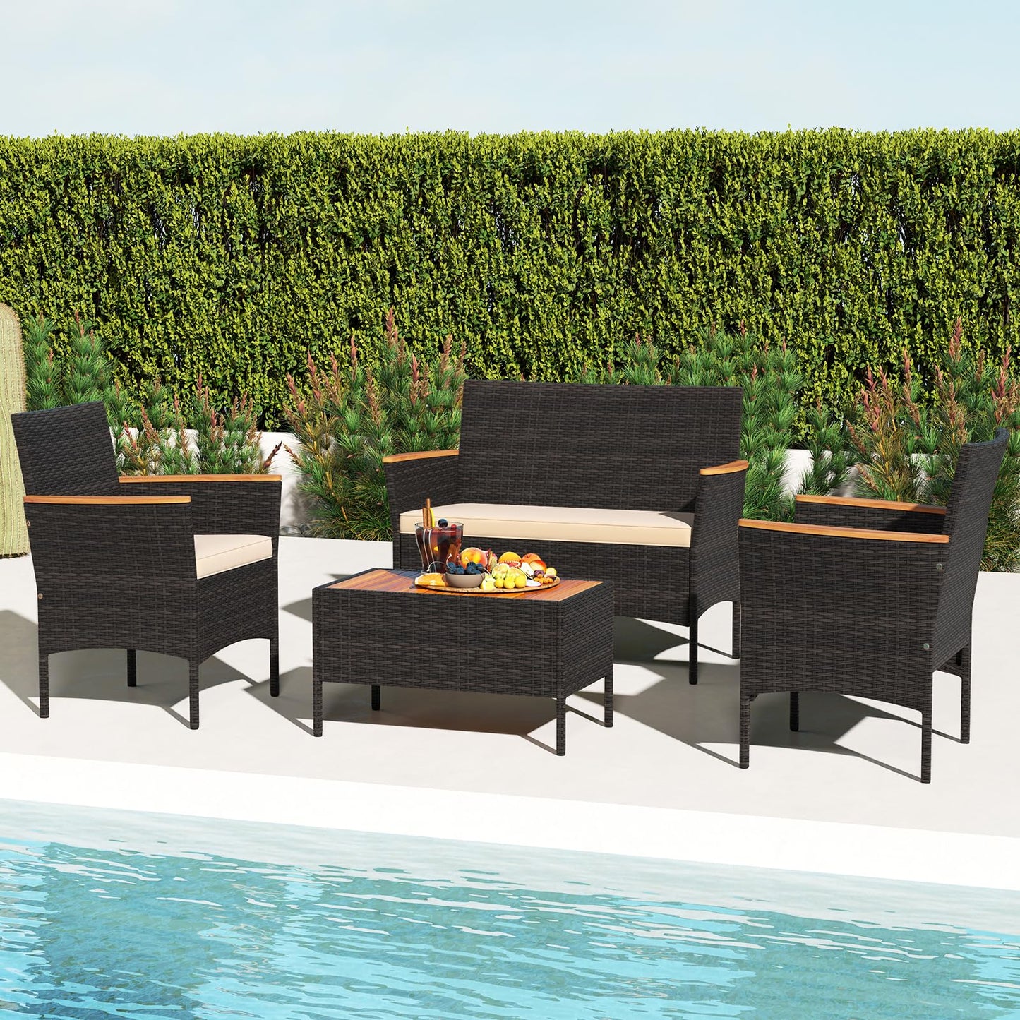 Tangkula Patio Wicker Sofa Set w/Coffee Table