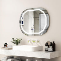 Tangkula LED Bathroom Mirror, Single Beveled Edge Anti-Fog Mirror with 3 Color LED Light, Memory Function