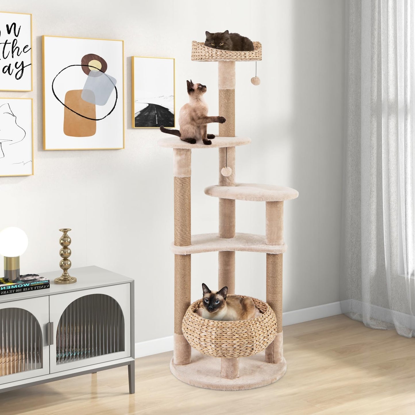 Arbre à chat moderne Tangkula, tour à chat de 65 pouces avec poteaux à griffer en jute