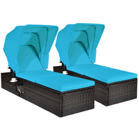 Outdoor Chaise Lounge Chair with Folding Canopy, Adjustable Cushioned Reclining Chair with Flip-up Tea Table