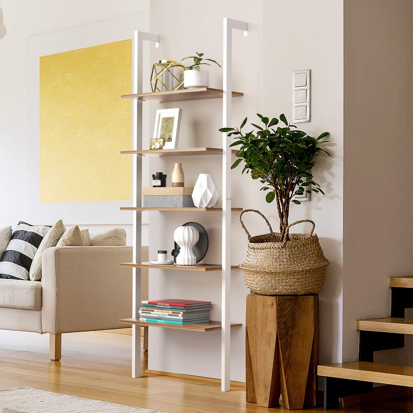 Tangkula Industrial Ladder Shelf Against The Wall, 5-Tier Wall Mount Ladder Bookshelf with Metal Frame