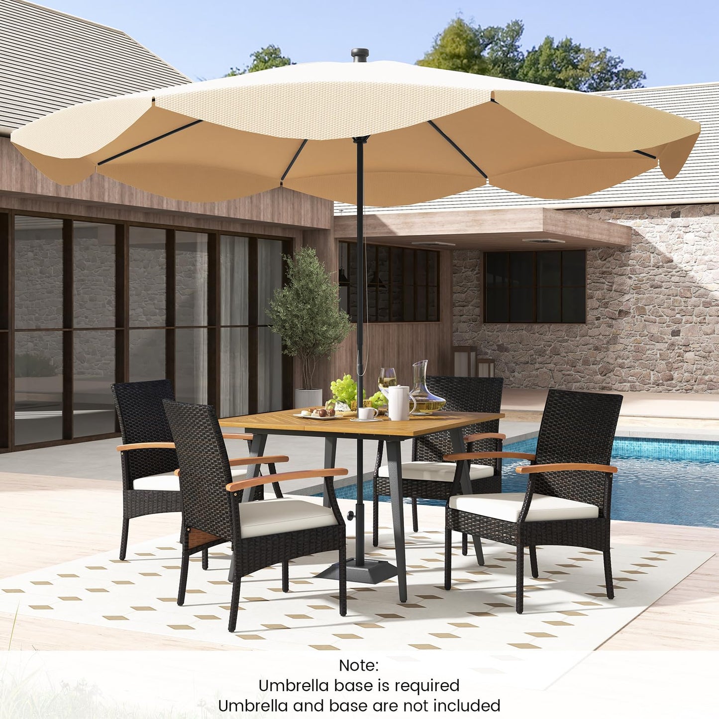 Tangkula 5 Pieces Patio PE Wicker Dining Set, 42.5” Square Acacia Wood Dining Table with 1.9” Umbrella Hole