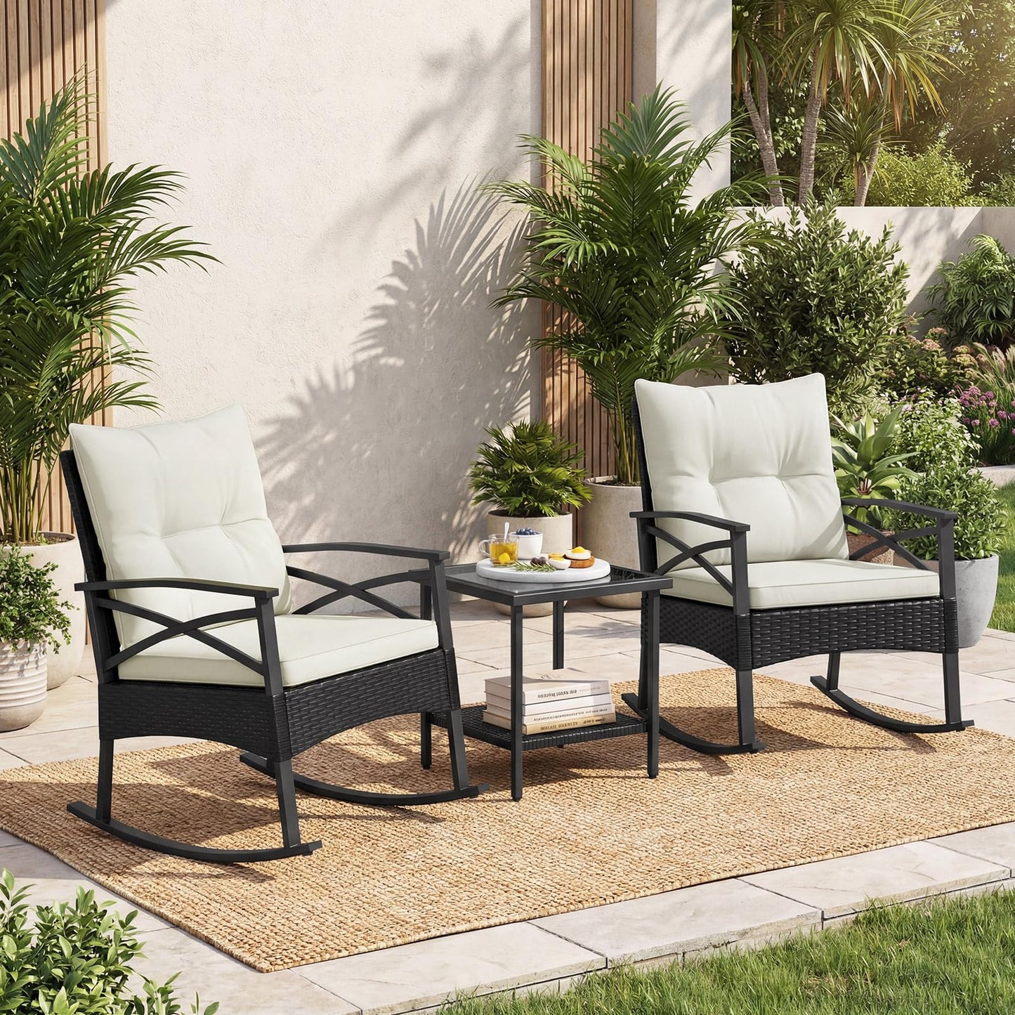 3 Pieces Rattan Outdoor Rocking Chairs Set with 2-Tier Tempered Glass Coffee Table