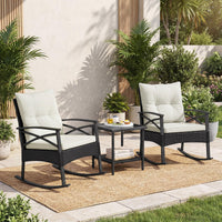 3 Pieces Rattan Outdoor Rocking Chairs Set with 2-Tier Tempered Glass Coffee Table