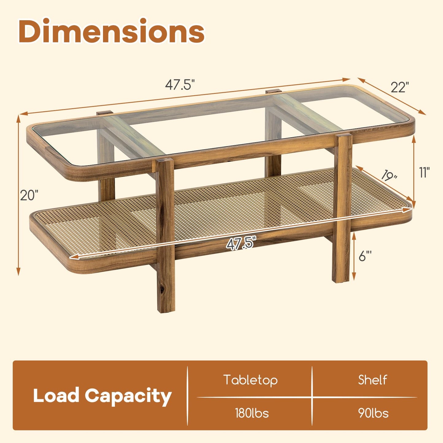 Tangkula Rattan Coffee Table 47.5”L Boho Cocktail Tables
